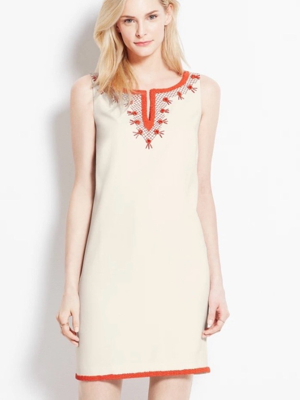 Ann‎ Taylor Cream Shift Dress with Orange Embroidery and beading Size 14